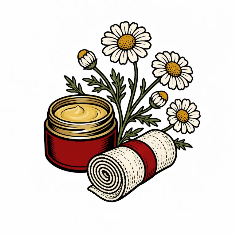 Illustration façon flash : un pot de baume sans étiquette, une bande roulée et un brin de camomille