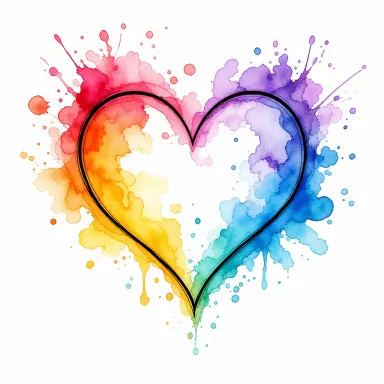 Tatouage cœur aquarelle : un contour de cœur débordé de lavis de couleur et de petites éclaboussures