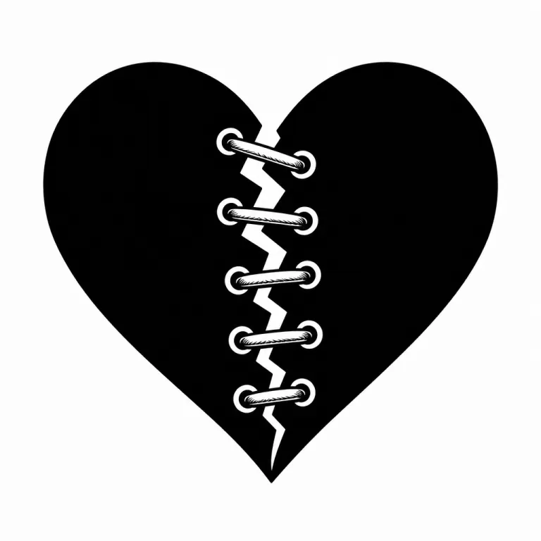 Tatouage cœur blackwork : cœur noir plein fendu, la fissure refermée par de gros points de couture