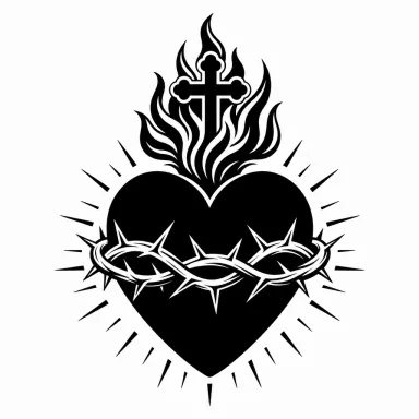 Tatouage cœur blackwork : Sacré-Cœur noir plein surmonté de flammes, ceint d'épines et entouré de rayons