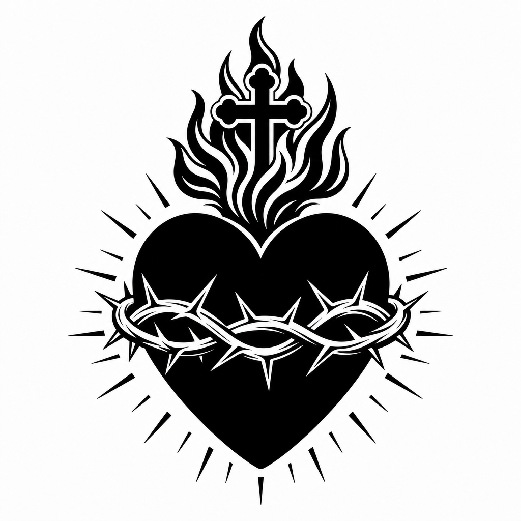 Tatouage cœur blackwork : Sacré-Cœur noir plein surmonté de flammes, ceint d'épines et entouré de rayons
