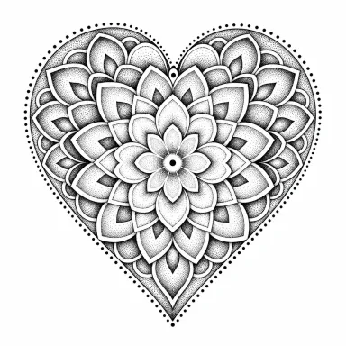 Tatouage cœur dotwork en mandala, aux pétales superposés et aux ombres en pointillé