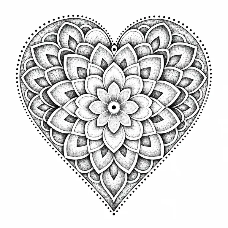 Tatouage cœur dotwork en mandala, aux pétales superposés et aux ombres en pointillé