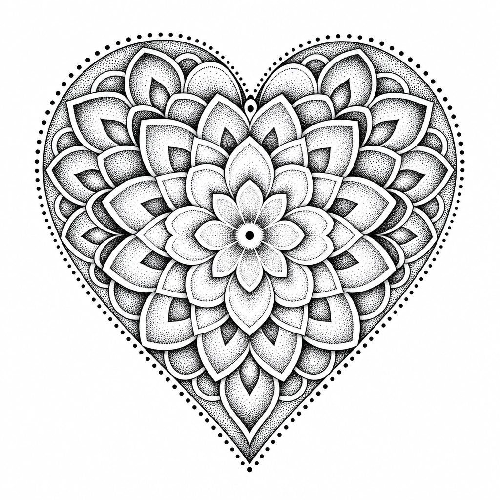 Tatouage cœur dotwork en mandala, aux pétales superposés et aux ombres en pointillé