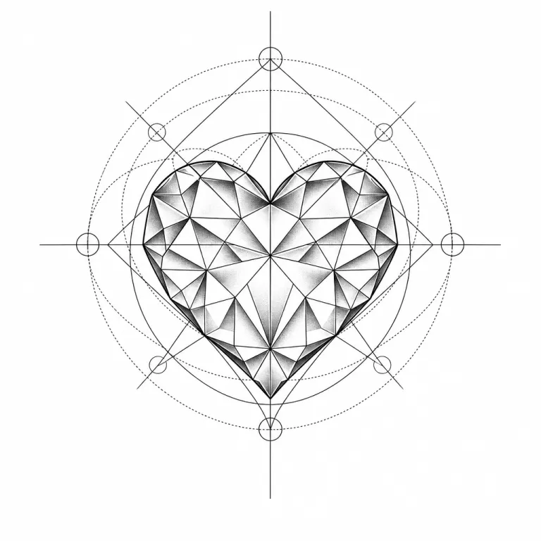 Tatouage cœur géométrique taillé en facettes triangulaires, comme une pierre précieuse