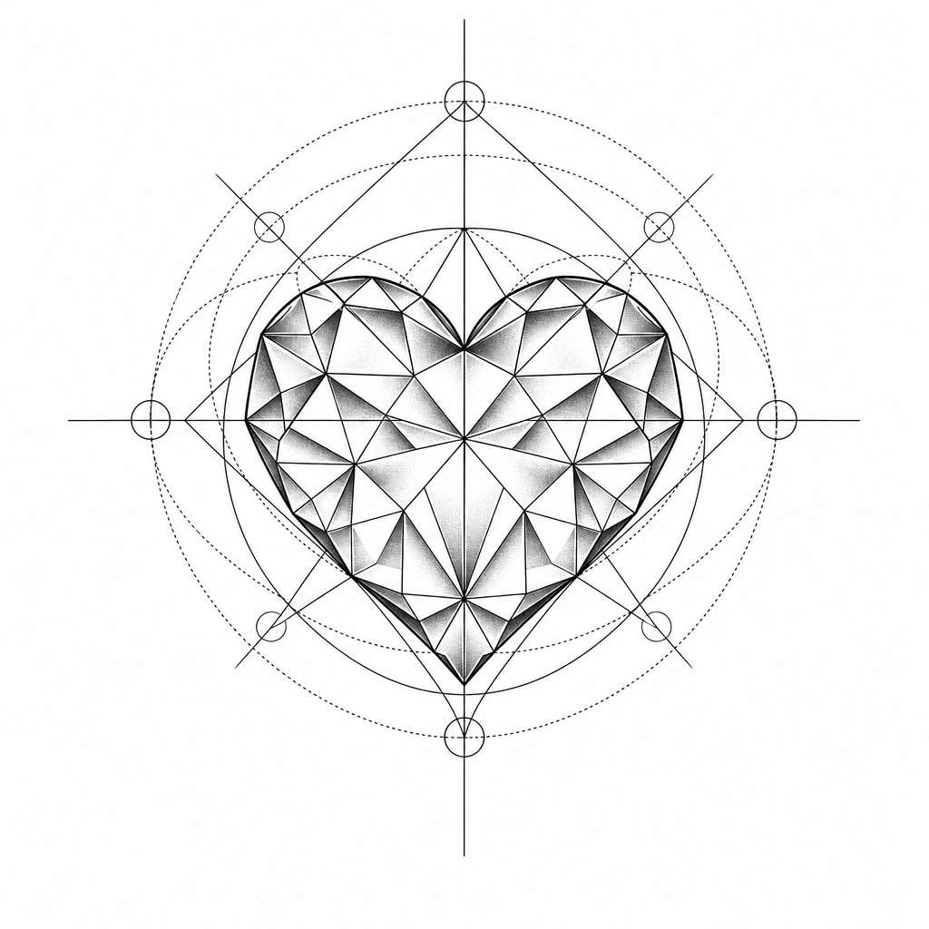 Tatouage cœur géométrique taillé en facettes triangulaires, comme une pierre précieuse