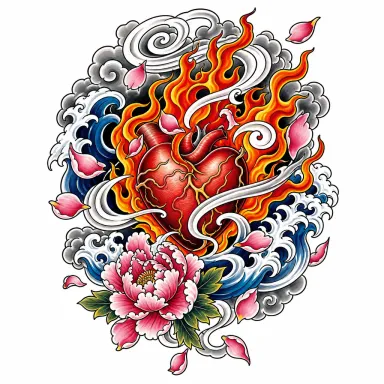 Tatouage cœur de style japonais pris dans des flammes et un vent stylisés, entre des pétales de pivoine