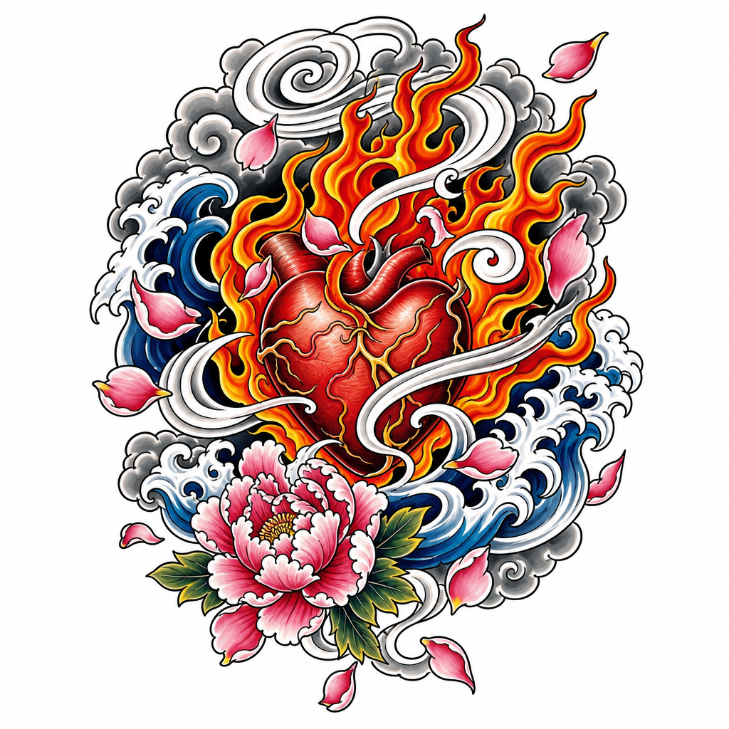 Tatouage cœur de style japonais pris dans des flammes et un vent stylisés, entre des pétales de pivoine