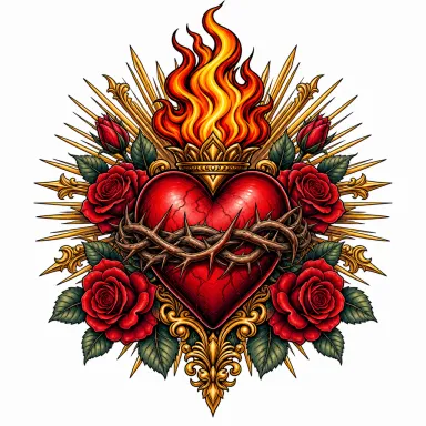 Tatouage cœur néo-traditionnel : Sacré-Cœur en flammes ceint d'épines, entouré de roses et de rayons