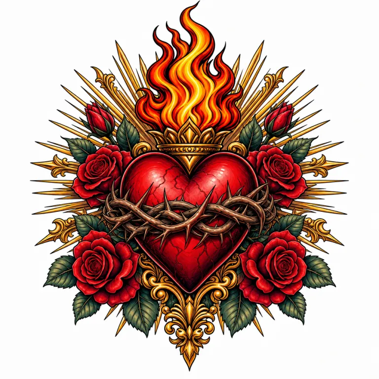 Tatouage cœur néo-traditionnel : Sacré-Cœur en flammes ceint d'épines, entouré de roses et de rayons