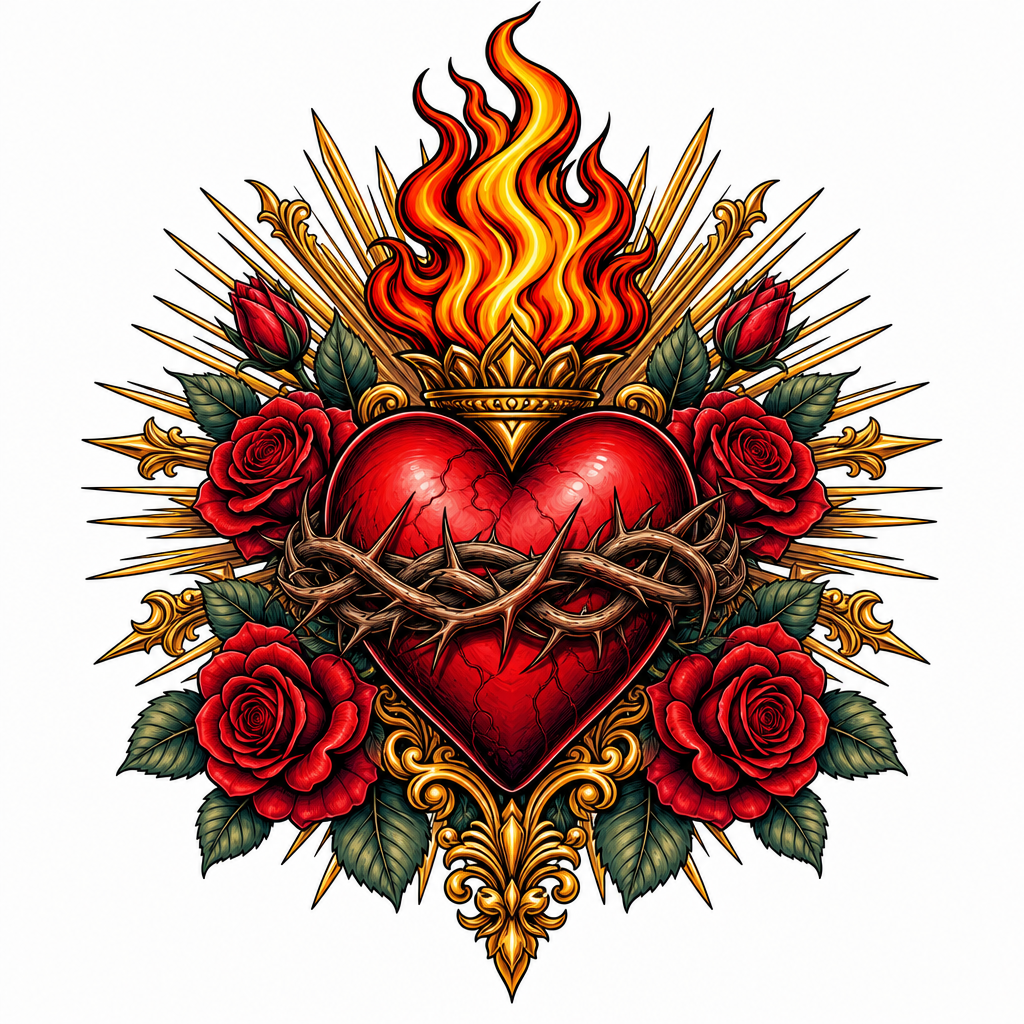 Tatouage cœur néo-traditionnel : Sacré-Cœur en flammes ceint d'épines, entouré de roses et de rayons
