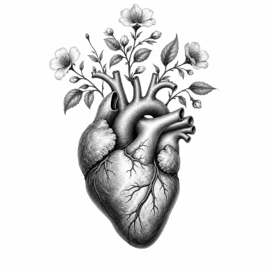 Tatouage cœur réaliste : cœur anatomique aux artères détaillées, d'où sortent des fleurs et des feuilles