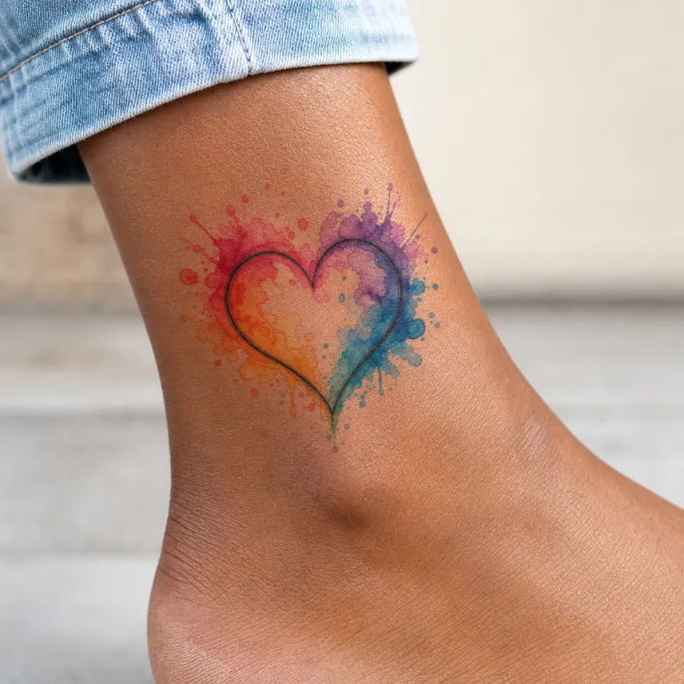 Tatouage cœur aquarelle sur la cheville d'une femme