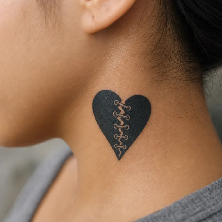 Tatouage cœur recousu blackwork sur le côté du cou d'une femme