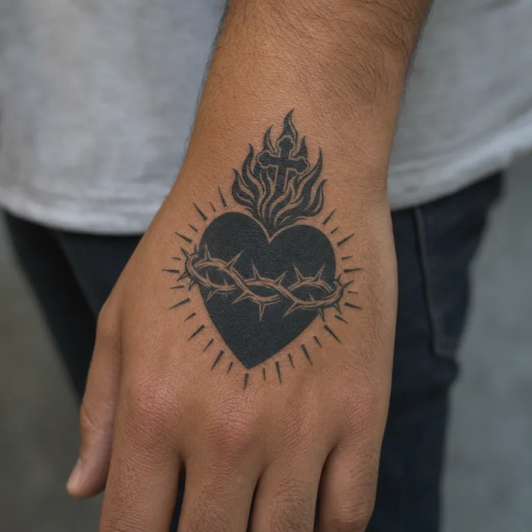 Tatouage Sacré-Cœur blackwork sur le dos de la main d'un homme