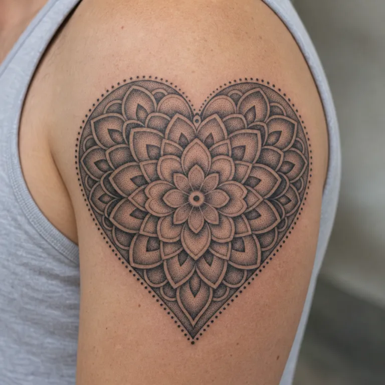 Tatouage cœur dotwork en mandala sur le haut du bras d'un homme