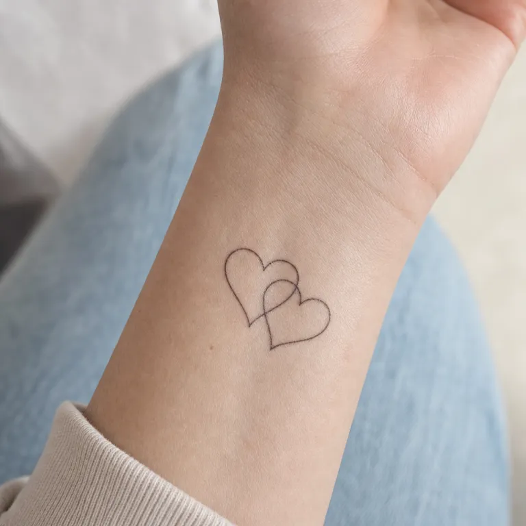 Tatouage de deux cœurs fine line à l'intérieur du poignet d'une femme