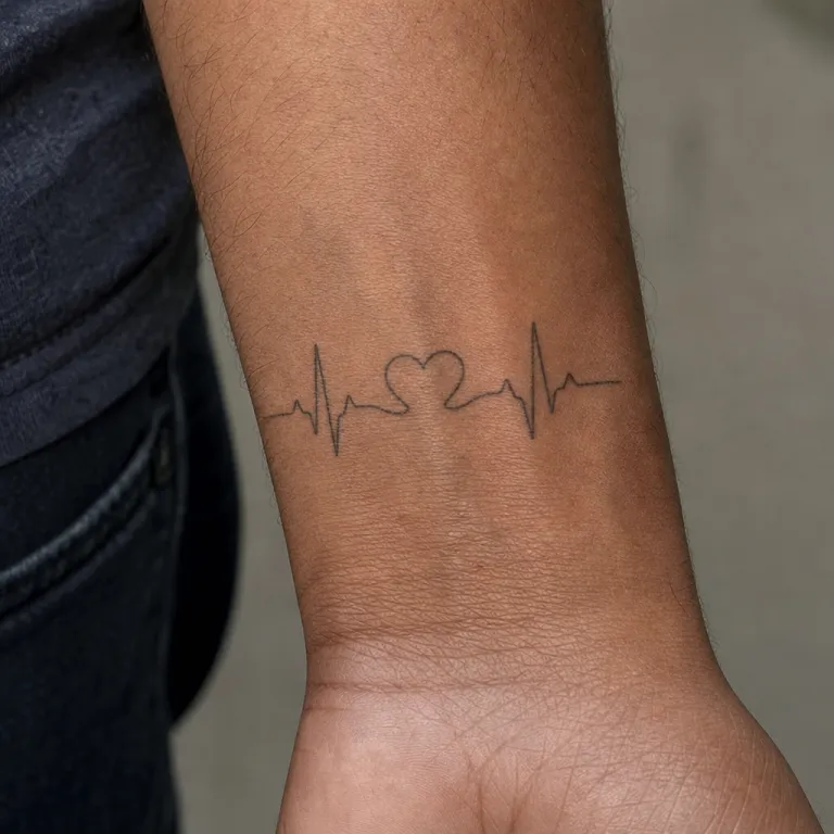 Tatouage cœur et ligne de pouls fine line à l'intérieur du poignet d'un homme