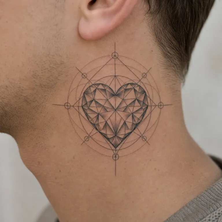 Tatouage cœur géométrique sur l'arrière du cou d'un homme