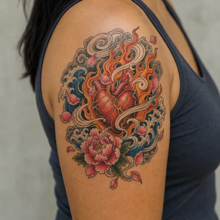 Tatouage cœur de style japonais sur le haut du bras d'une femme