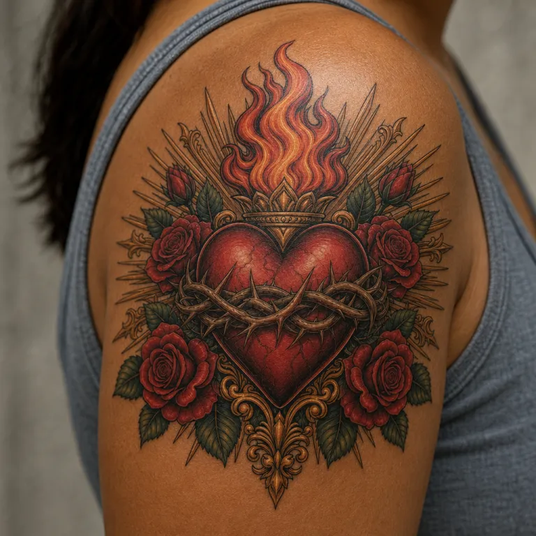 Tatouage Sacré-Cœur néo-traditionnel sur l'épaule d'une femme