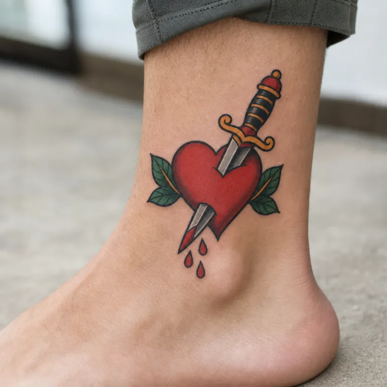 Tatouage cœur transpercé old school sur la cheville d'un homme