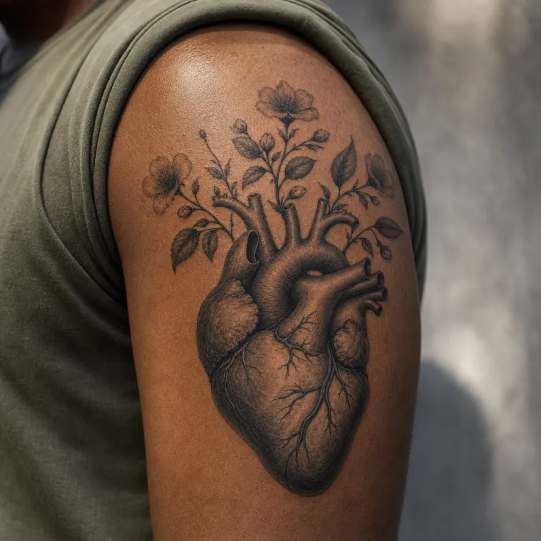 Tatouage cœur anatomique réaliste sur l'épaule d'un homme