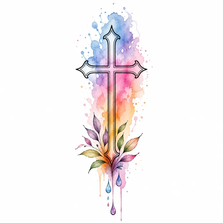 Tatouage croix aquarelle : contour de croix élancé sur un lavis de couleur vertical, feuilles à son pied
