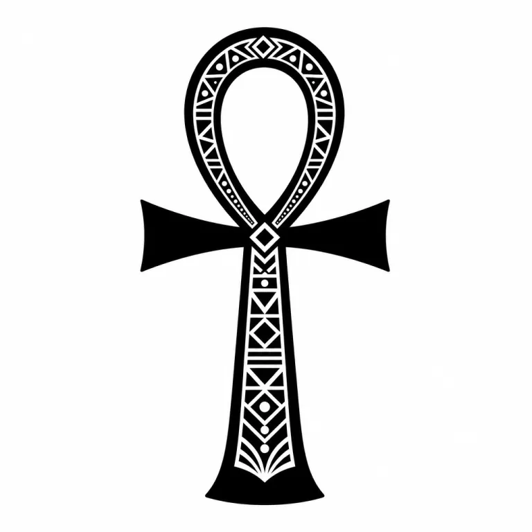 Tatouage croix ansée blackwork : ânkh noir plein orné de petits motifs géométriques en réserve