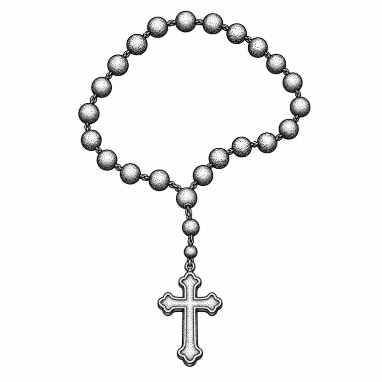 Tatouage croix dotwork : chapelet aux grains ombrés de points, une petite croix suspendue au bout