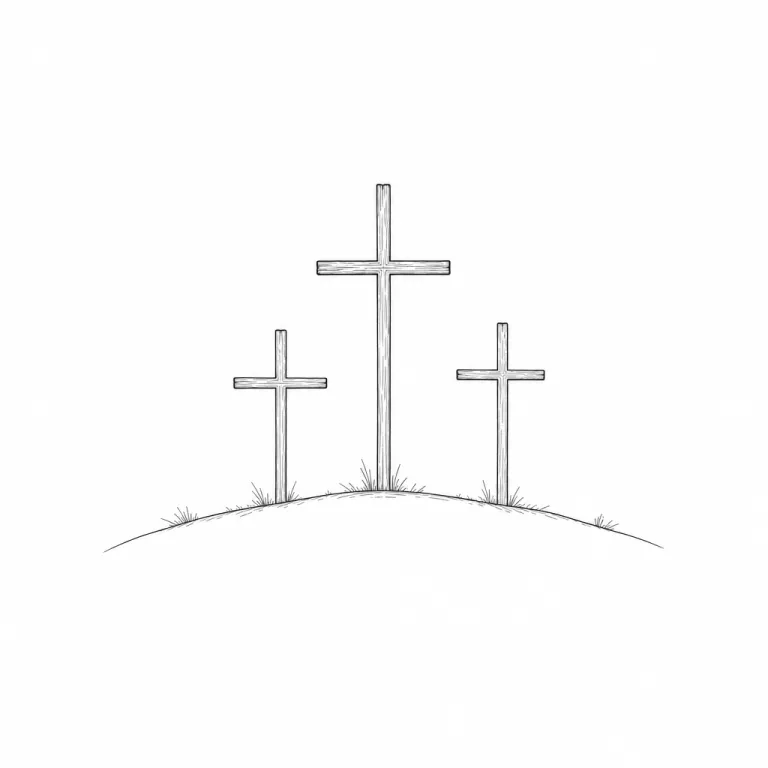 Tatouage de trois croix fine line sur une colline, celle du milieu plus haute que les autres