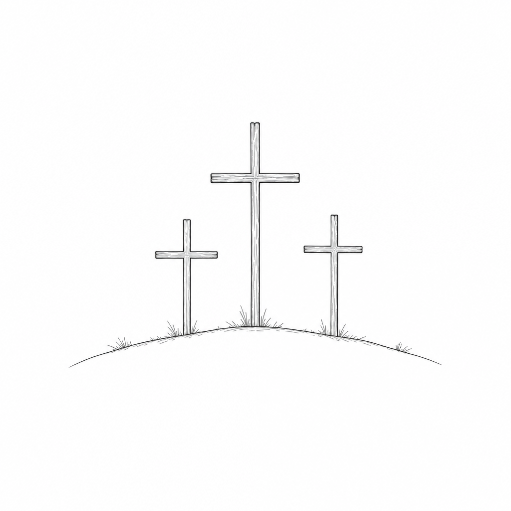 Tatouage de trois croix fine line sur une colline, celle du milieu plus haute que les autres