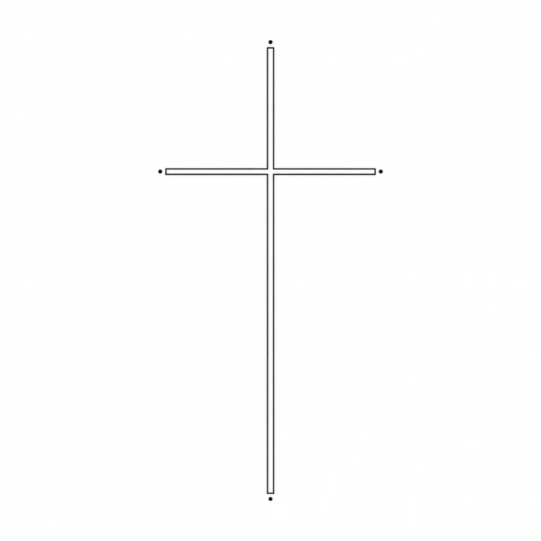 Tatouage croix fine line : croix latine élancée au double contour, un point au bout de chaque branche