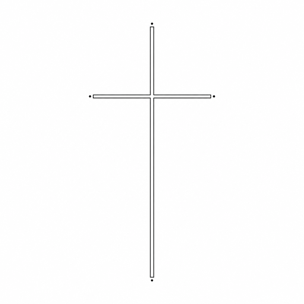 Tatouage croix fine line : croix latine élancée au double contour, un point au bout de chaque branche