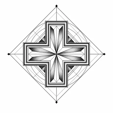 Tatouage croix géométrique : croix grecque aux bras égaux en contours imbriqués, dans un losange