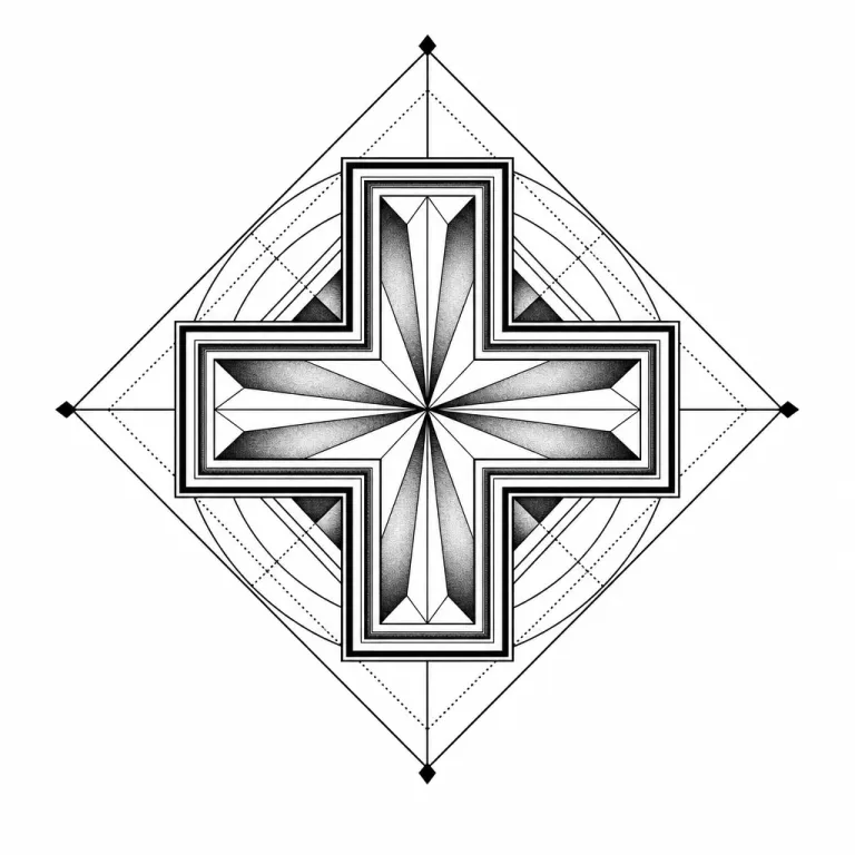 Tatouage croix géométrique : croix grecque aux bras égaux en contours imbriqués, dans un losange