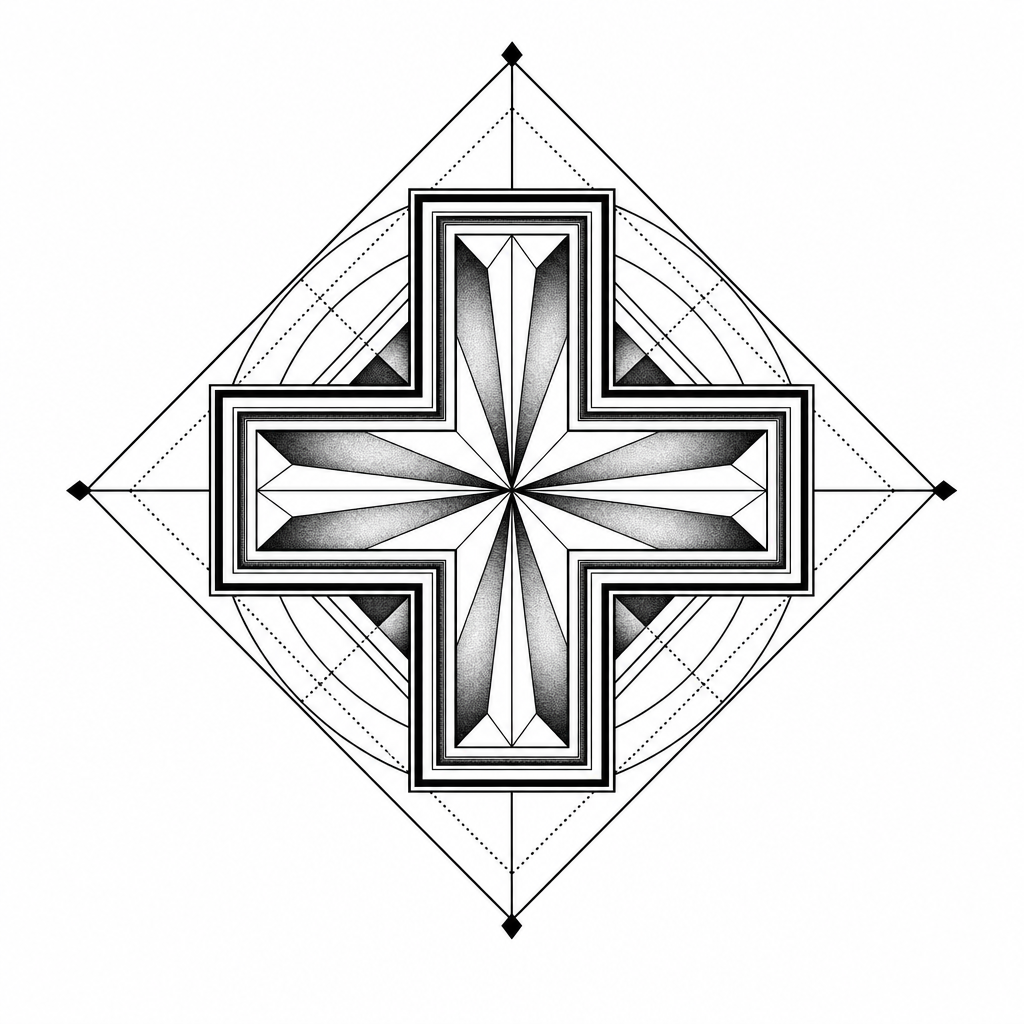 Tatouage croix géométrique : croix grecque aux bras égaux en contours imbriqués, dans un losange