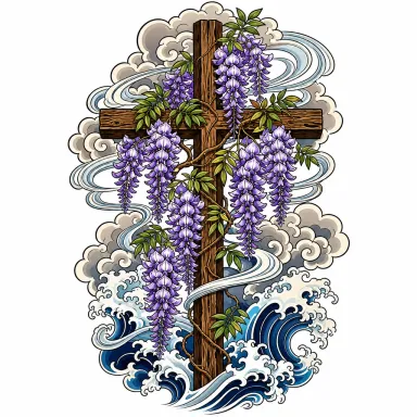 Tatouage croix de style japonais : croix de bois prise dans des grappes de glycine, nuages et vent stylisés