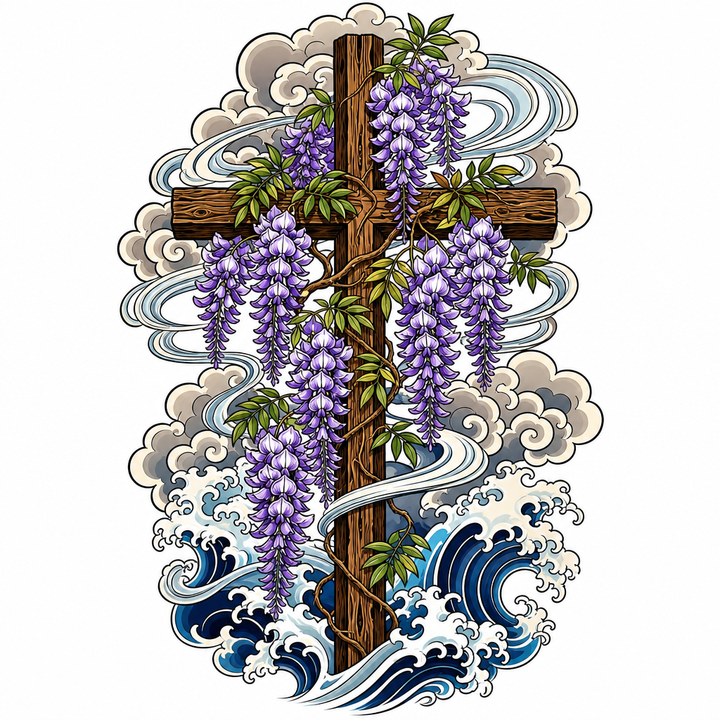 Tatouage croix de style japonais : croix de bois prise dans des grappes de glycine, nuages et vent stylisés