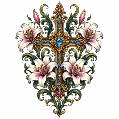 Tatouage croix néo-traditionnelle ornée de filigranes et de pierres, entourée de lys et de feuilles