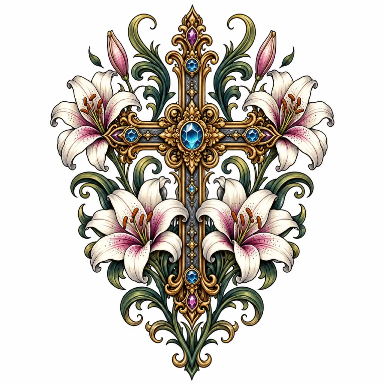 Tatouage croix néo-traditionnelle ornée de filigranes et de pierres, entourée de lys et de feuilles