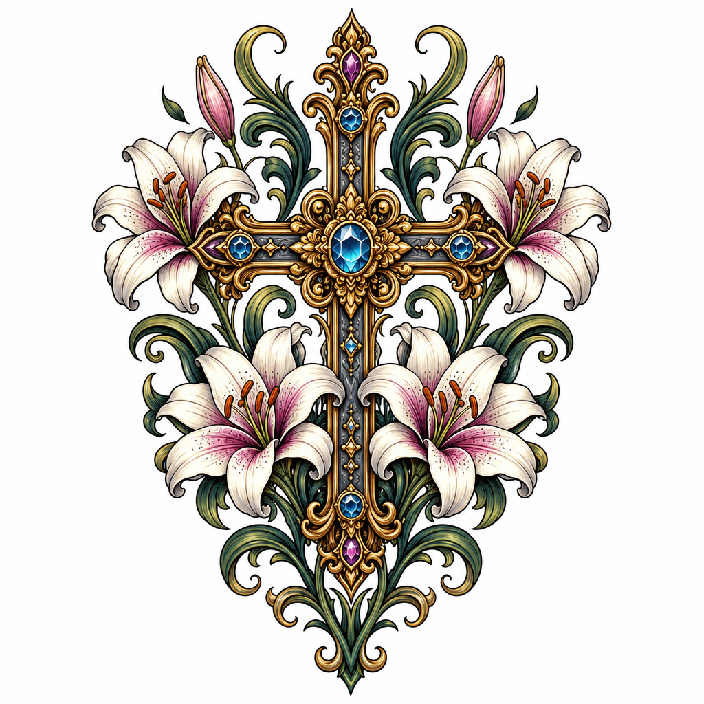 Tatouage croix néo-traditionnelle ornée de filigranes et de pierres, entourée de lys et de feuilles