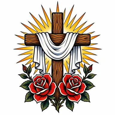 Tatouage croix old school drapée d'un tissu blanc, devant des rayons, avec deux roses à son pied