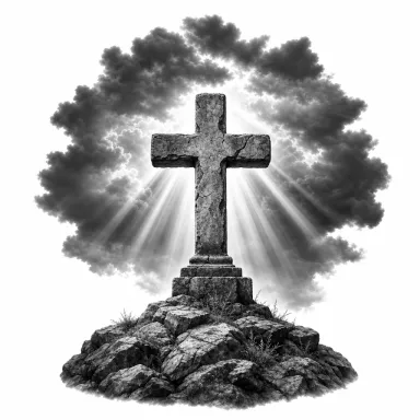 Tatouage croix réaliste en noir et gris : croix de pierre usée sur une colline, sous des rayons de lumière