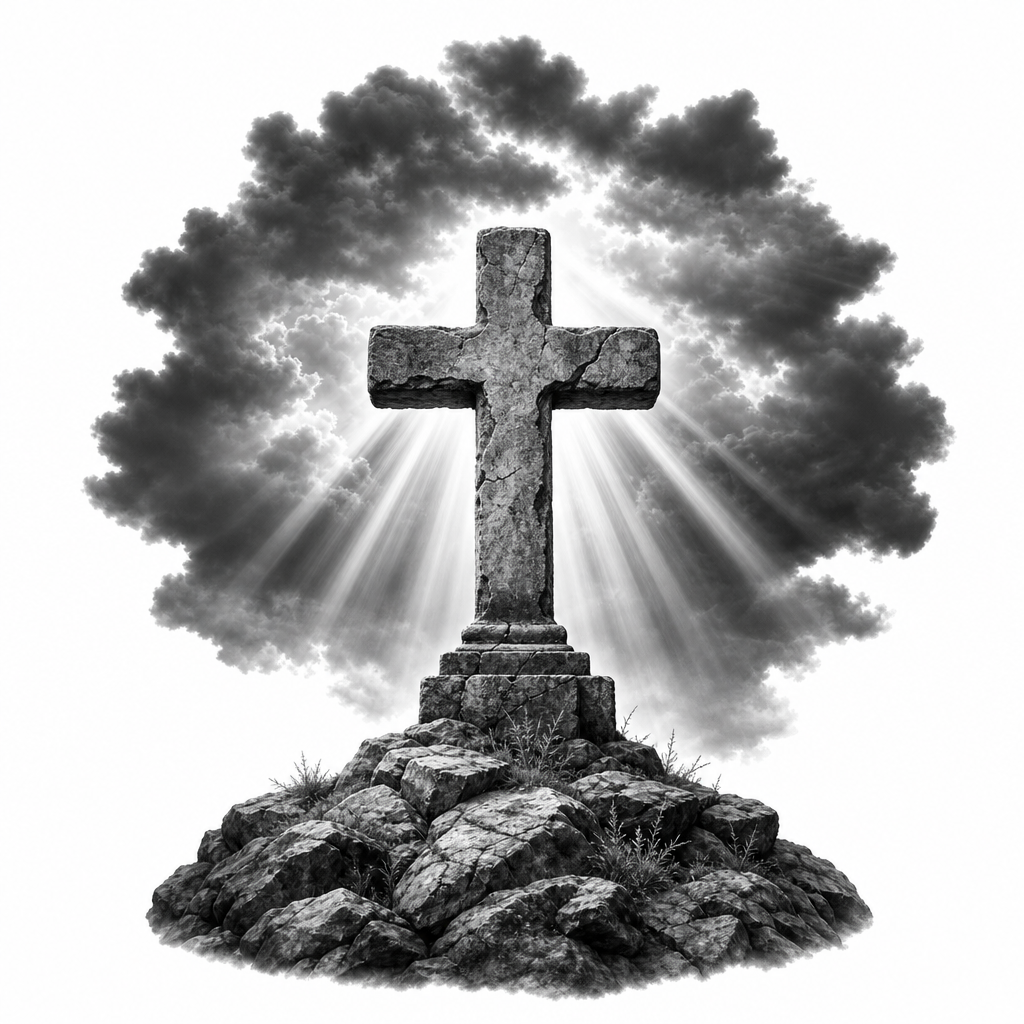 Tatouage croix réaliste en noir et gris : croix de pierre usée sur une colline, sous des rayons de lumière