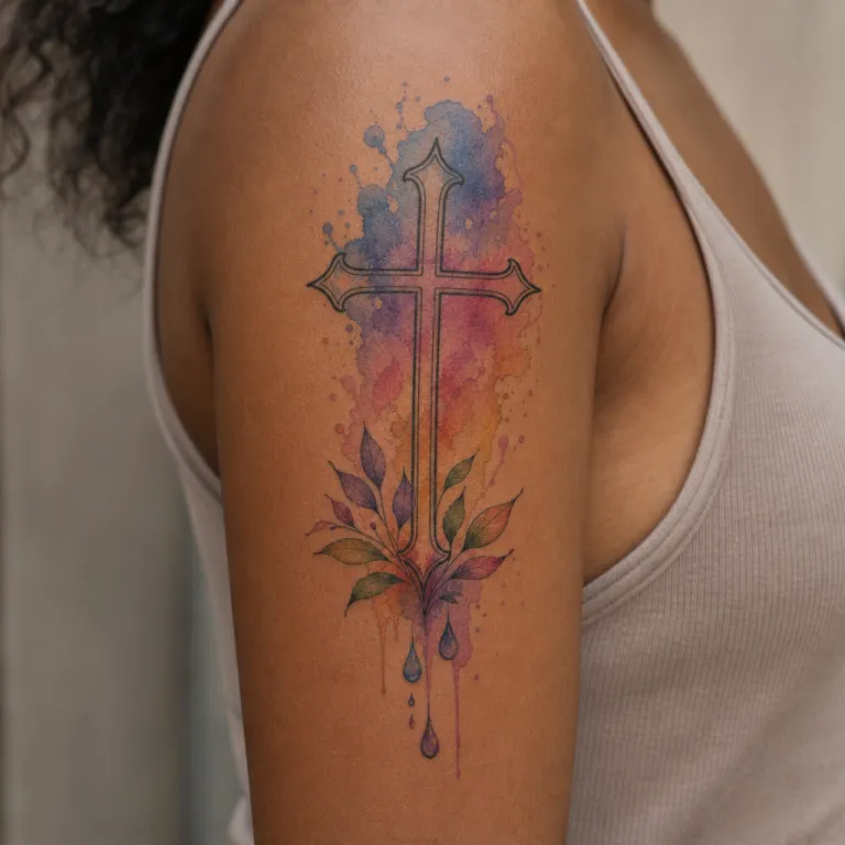 Tatouage croix aquarelle sur l'intérieur du bras d'une femme