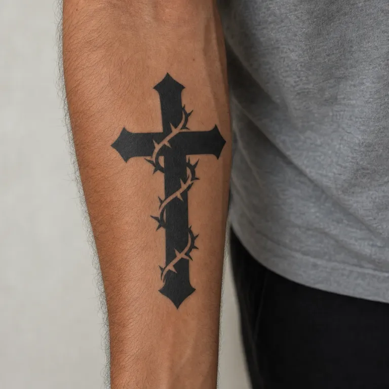 Tatouage croix blackwork aux épines sur l'avant-bras d'un homme