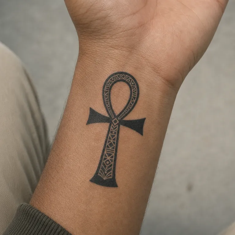 Tatouage croix ansée blackwork à l'intérieur du poignet d'un homme