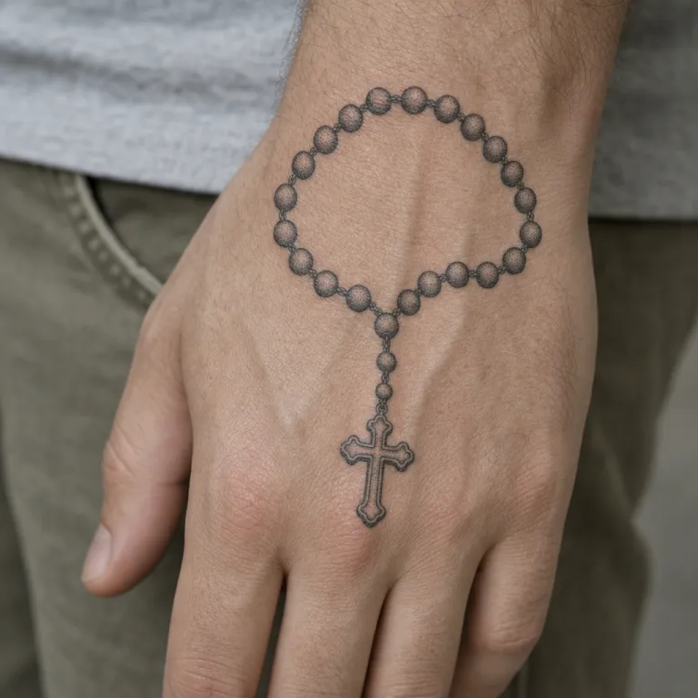 Tatouage chapelet et croix dotwork sur le dos de la main d'un homme