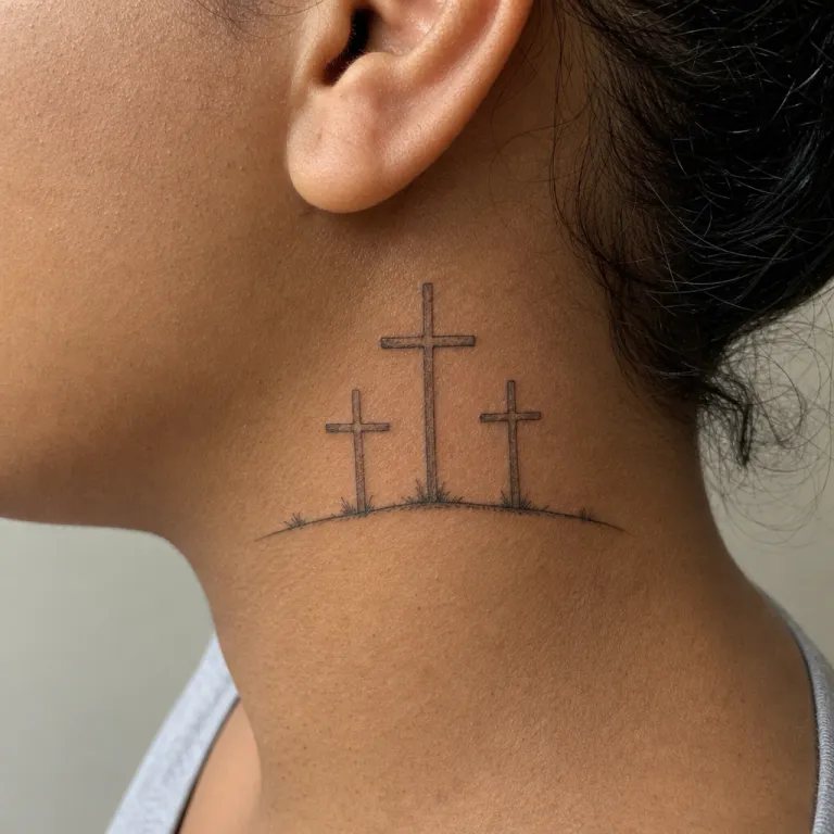 Tatouage de trois croix fine line sur le côté du cou d'une femme